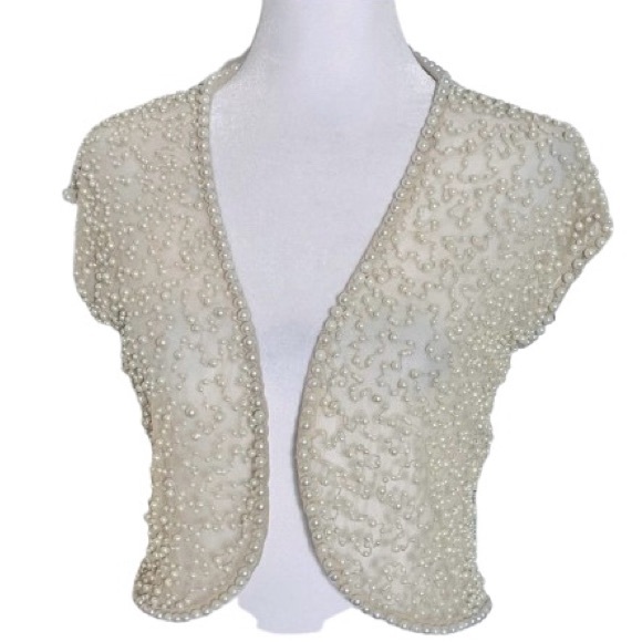 SHEER PEARL SHRUG BOLERO RETRO VINTAGE MARINA SMALL ILLUSION MESH LACE CREAM - Picture 1 of 16